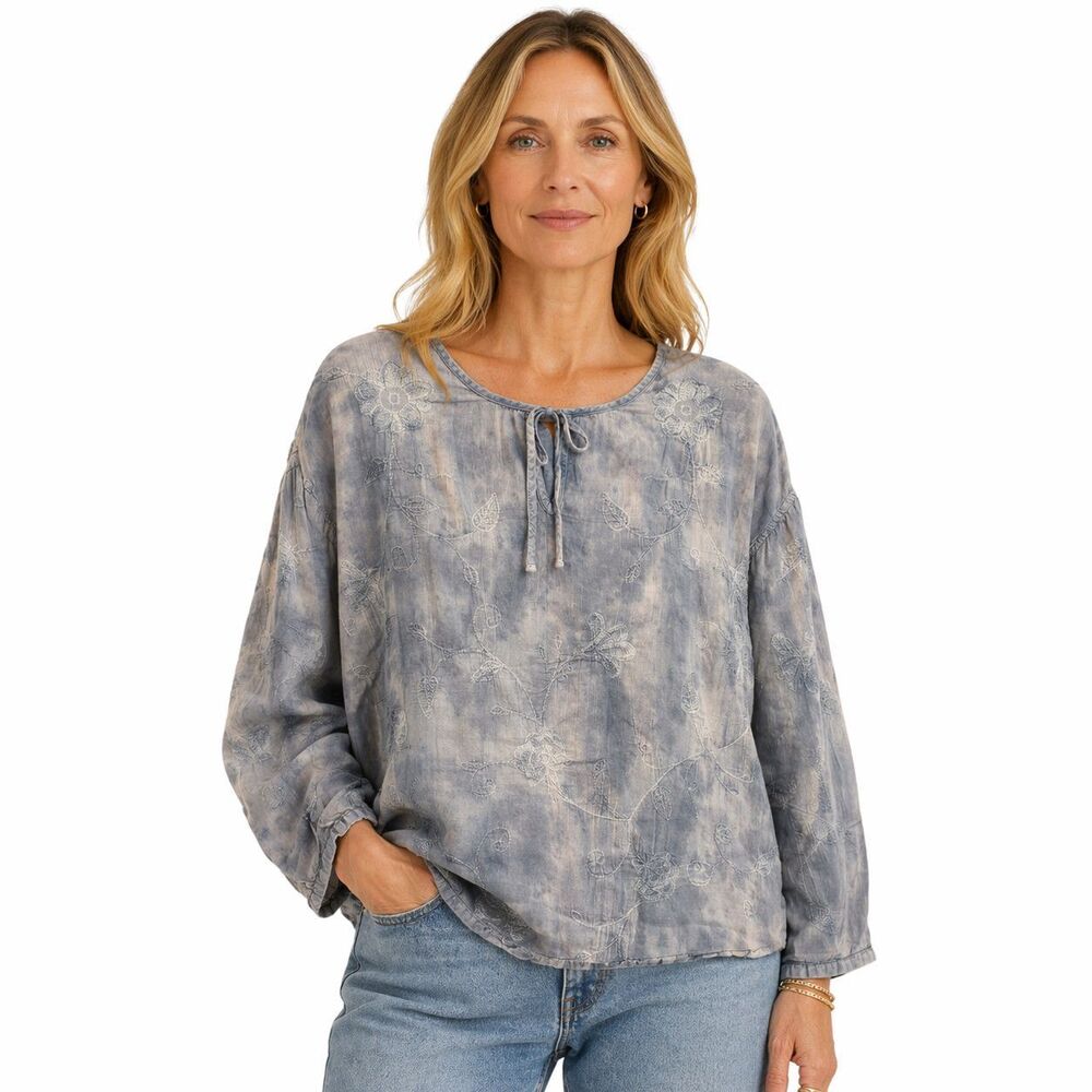 Pure Jill Tunic Blouse Womens Small Blue Embroidered Scoop Neck Long Sleeve Top